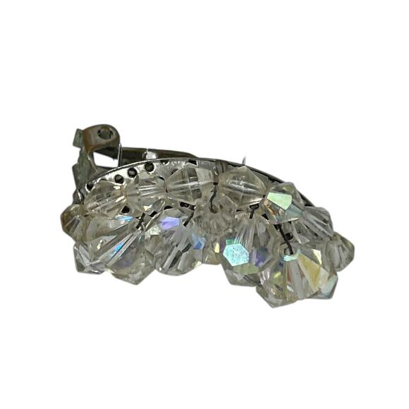 Vintage Aurora Borealis Crystal Clip-On Earring - Silver Metal Single Statement - Picture 2 of 8